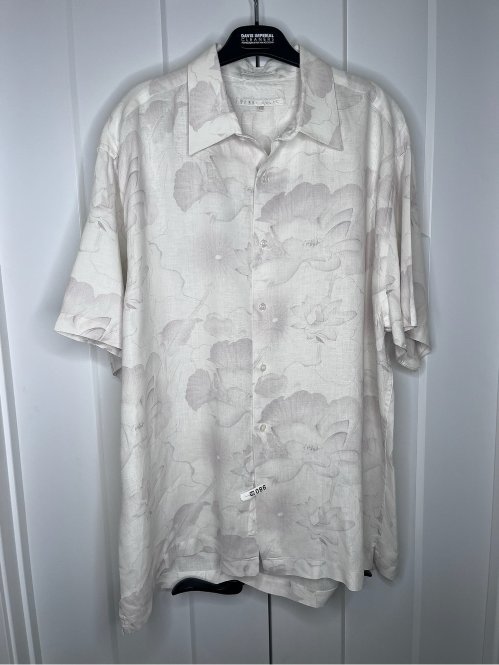 Perry Ellis 100% Linen White Floral Button Down Shirt Size Large